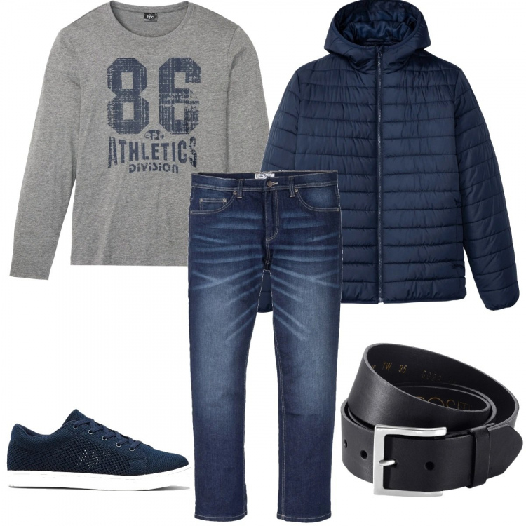 Outfit uomo - Oggi casual con BONPRIX. Stile Casual per Tutti i giorni. Abbinamento con jeans dritti, giacche, jeans elasticizzato skinny taglio dritto con bottoni blu, sneakers, cinture.
