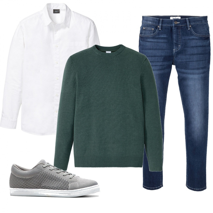 Outfit uomo - Total look Bonprix. Stile Casual per Tutti i giorni. Abbinamento con camicie, maglioni, sneakers, jeans slim fit.
