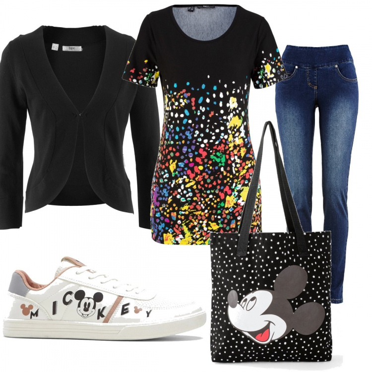Outfit donna - Mickey Mouse su Bonprix. Stile Basic per Tutti i giorni. Abbinamento con jeans slim fit, pullovers, blazer, sneakers, shopping bag.