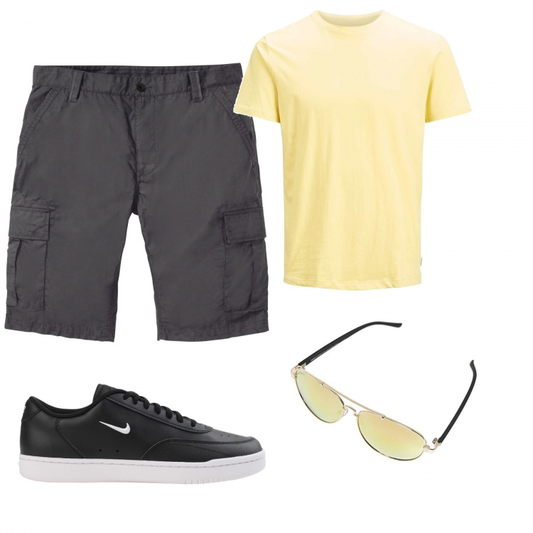 Outfit uomo - Estate al parco. Stile Casual per Tutti i giorni. Abbinamento con t-shirt, sneakers, occhiali da sole, shorts.