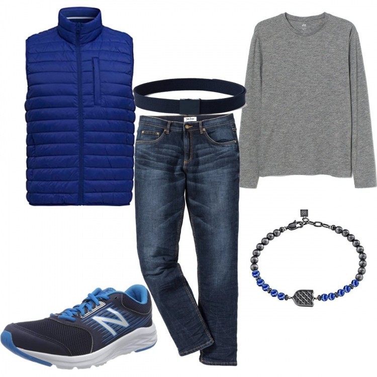 Outfit uomo - Il gilet blu. Stile Casual per Tutti i giorni. Abbinamento con jeans slim fit, cinture, gilet, braccialetti, maglioni, sneakers.