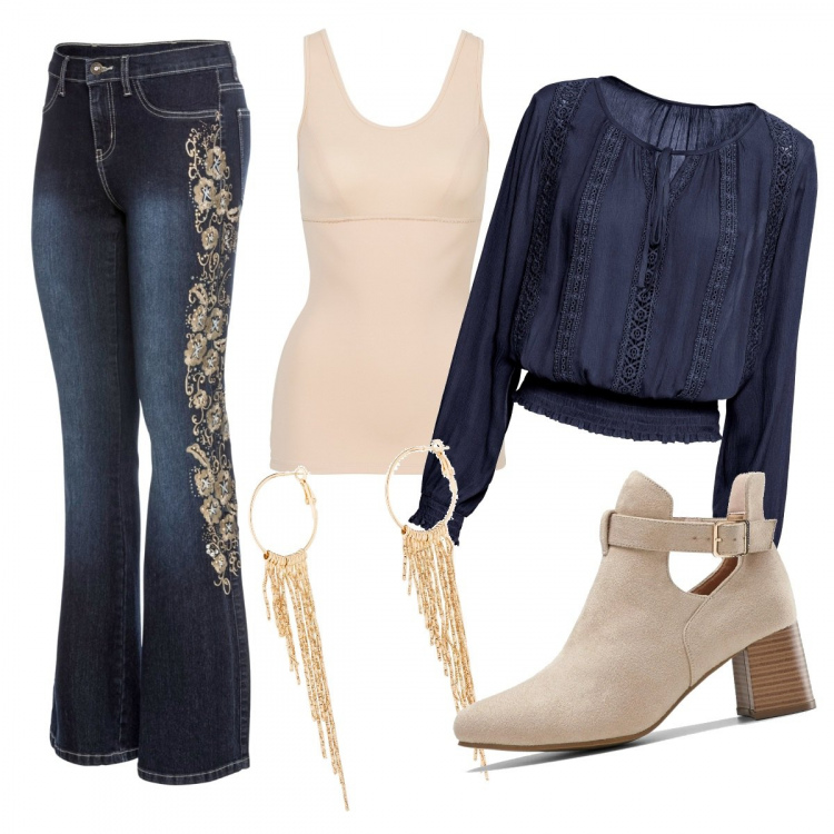 Outfit donna - Tutto bonprix. Stile Trendy per Tutti i giorni. Abbinamento con top, bluse, jeans bootcut, stivaletti, orecchini.
