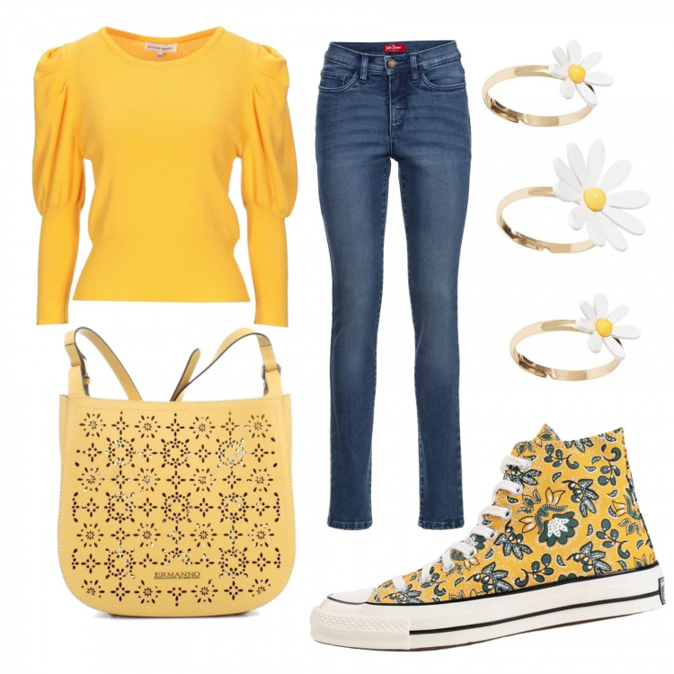 Outfit donna - Una Primavera solare!. Stile Trendy per Tutti i giorni. Abbinamento con jeans slim fit, pullovers, sneakers, borse a tracolla, anelli.