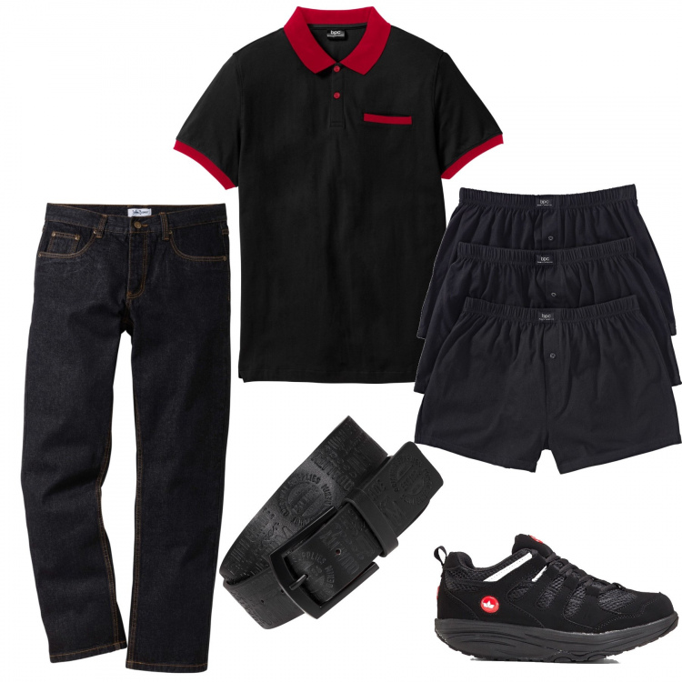 Outfit uomo - Tutto Bonprix. Stile Casual per Tutti i giorni. Abbinamento con jeans dritti, cinture, boxer, sneakers, polo.