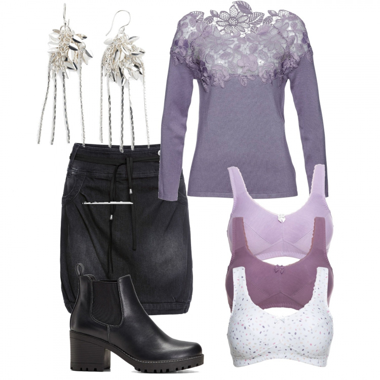 Outfit donna - Bonprix total look. Stile Trendy per Tutti i giorni. Abbinamento con stivaletti chelsea, maglioni, reggiseni, gonne, orecchini.
