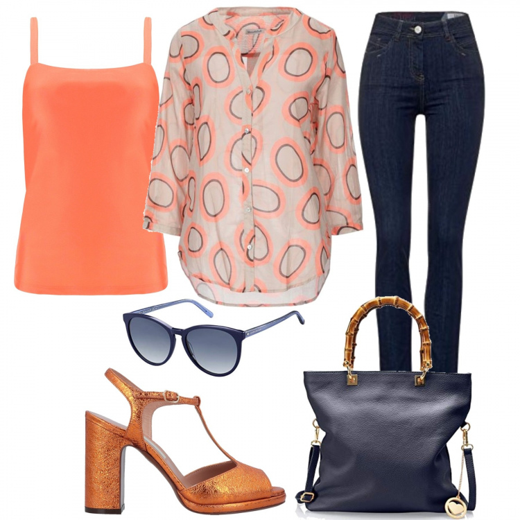 Outfit donna - Arancio e blu in città. Stile Trendy per Ufficio. Abbinamento con camicie, sandali col tacco, canottiere, borse a mano, jeans slim fit, occhiali da sole.