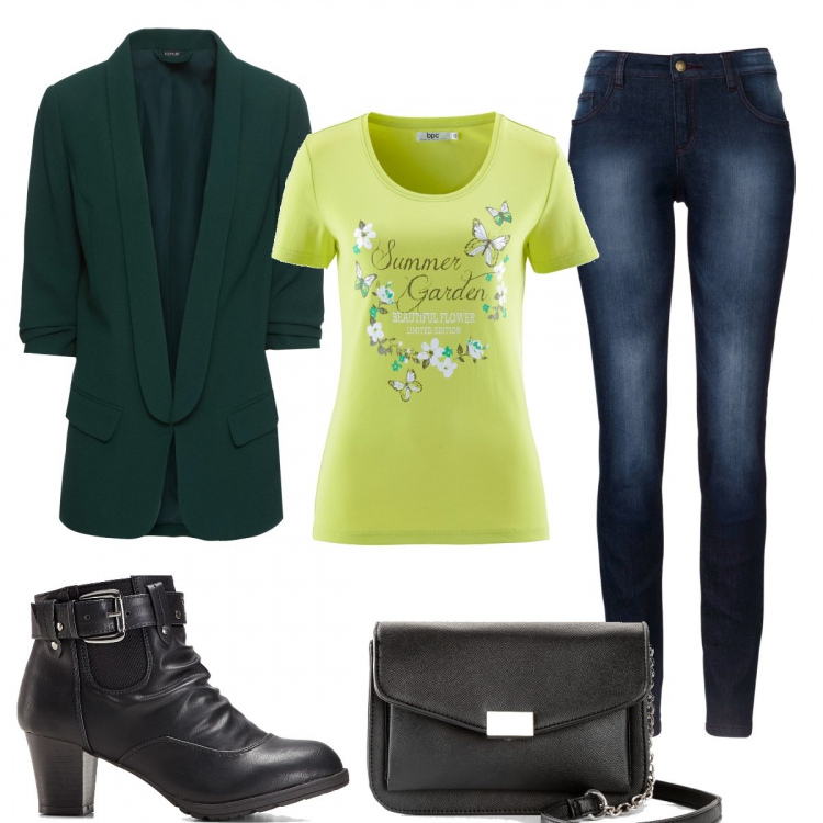 Outfit donna - Outfit Bon Prix. Stile Trendy per Scuola/Università. Abbinamento con blazer, jeans skinny, t-shirt, stivaletti, vestiti midi/longuette.