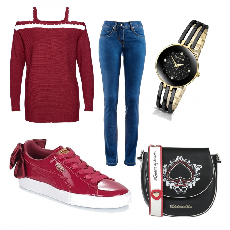 Outfit donna - Passione sneakers!. Stile Trendy per Tutti i giorni. Abbinamento con jeans dritti, maglioni, borse a tracolla, sneakers, orologi.