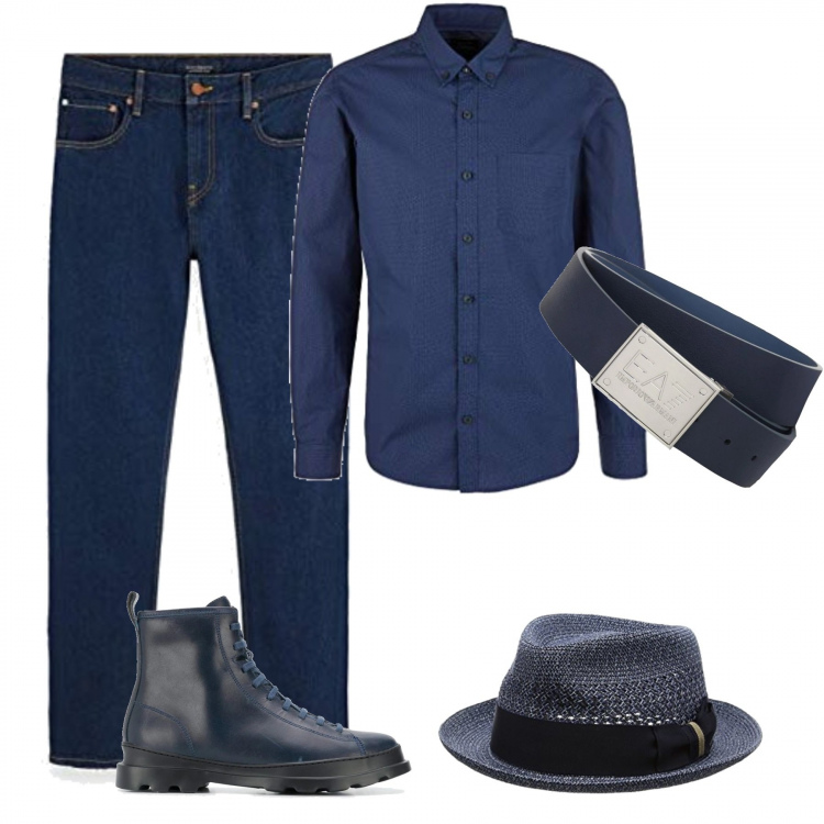 Outfit uomo - Blu assoluto. Stile Trendy per Tutti i giorni. Abbinamento con anfibi, camicie, cappelli, cinture, jeans.