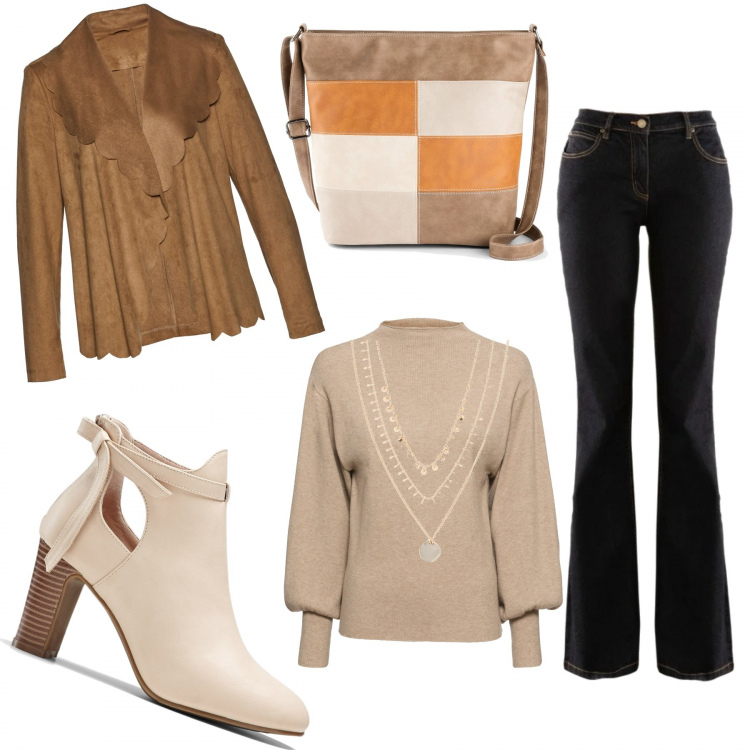 Outfit donna - Total look Bon Prix!. Stile Trendy per Tutti i giorni. Abbinamento con maglieria, stivaletti, vestiti, jeans bootcut, collane, borse a tracolla.
