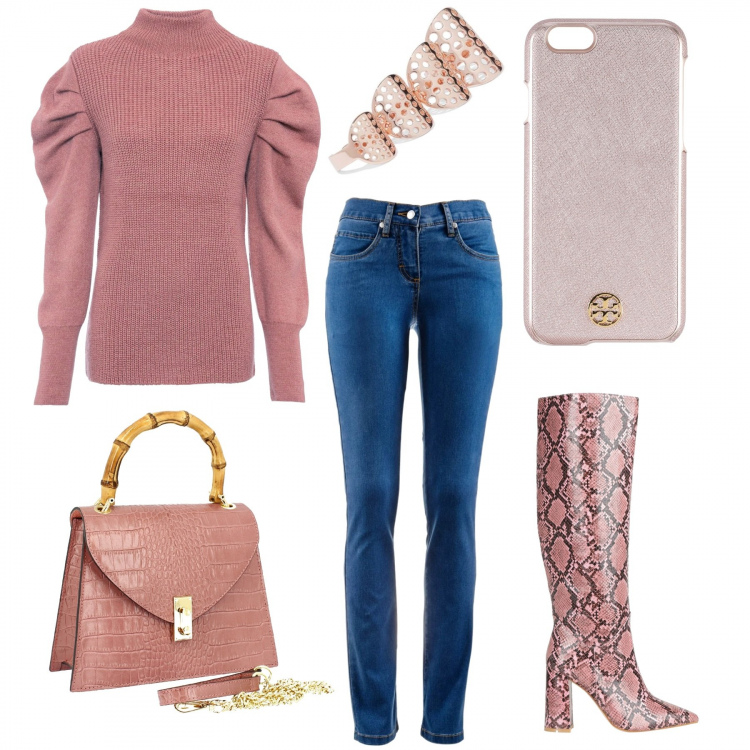 Outfit donna - Aperitivo in centro!. Stile Trendy per Serata fuori. Abbinamento con jeans dritti, maglioni, stivali, anelli, cover telefono, borse a mano.