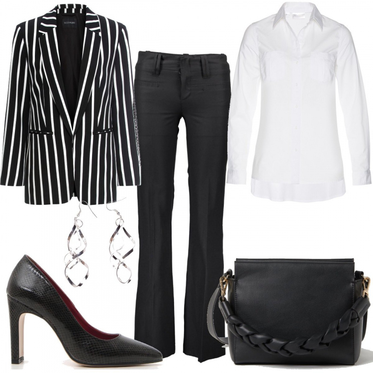 Outfit donna - Intramontabile blazer. Stile Trendy per Serata fuori. Abbinamento con blazer, camicie, orecchini, pantaloni, borse a mano, décolleté.