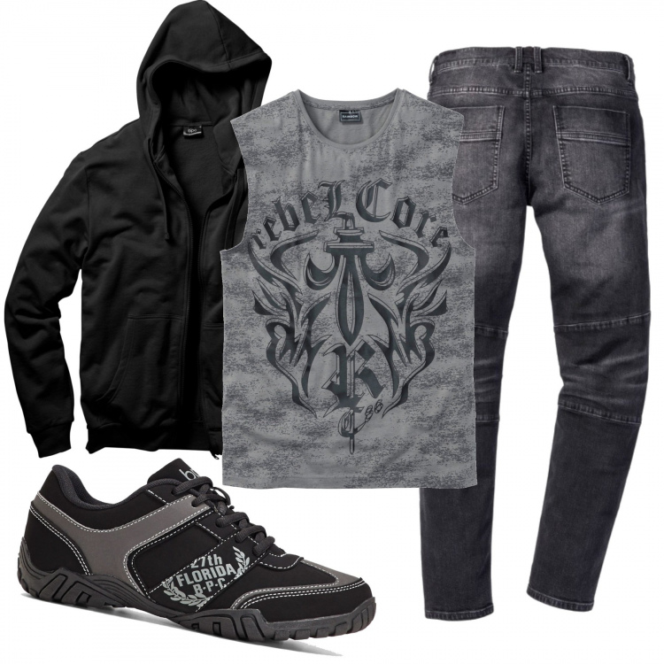 Outfit uomo - Bonprix con grinta. Stile Biker Rock per Tutti i giorni. Abbinamento con felpe con cappuccio, jeans slim fit, sneakers, canottiere.