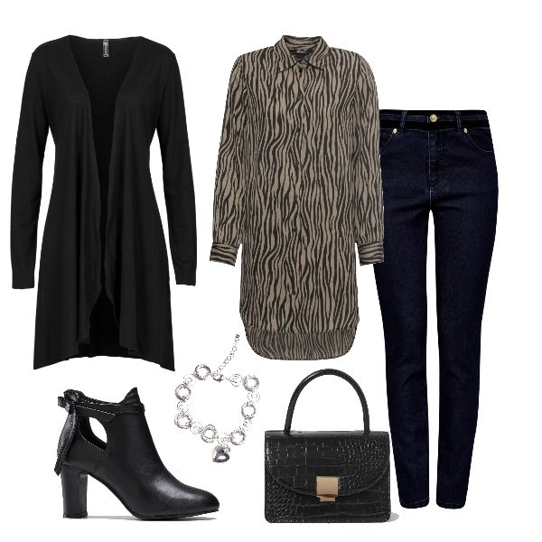 Outfit donna - Jeans slim fit + camicia. Stile Trendy per Tutti i giorni. Abbinamento con cardigans, camicie, stivaletti, braccialetti, jeans slim fit, borse a mano.