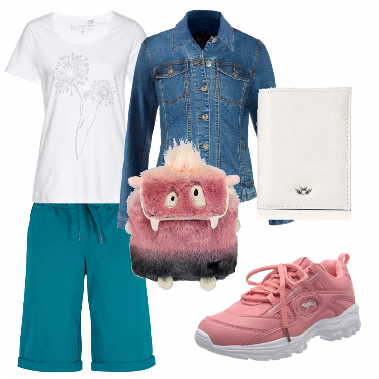 Outfit donna - La faccia del mio zainetto al venerdì. Stile Trendy per Tutti i giorni. Abbinamento con bermuda, t-shirt, blazer, sneakers, zaini, portafogli.
