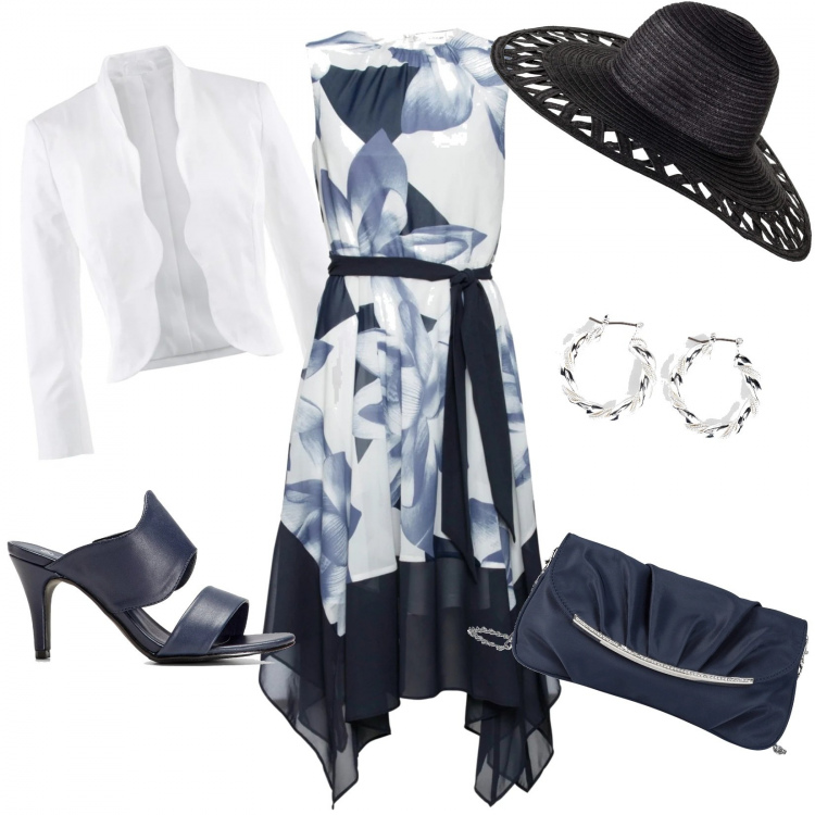 Outfit donna - Come una diva con Bonprix. Stile Chic per Cerimonia. Abbinamento con blazer, pochette, orecchini, vestiti, pantofole, cappelli.