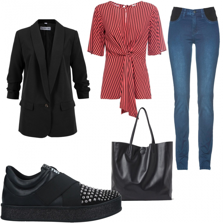Outfit donna - La blusa a righe. Stile Basic per Ufficio. Abbinamento con jeans skinny, bluse, blazer, sneakers, shopping bag.