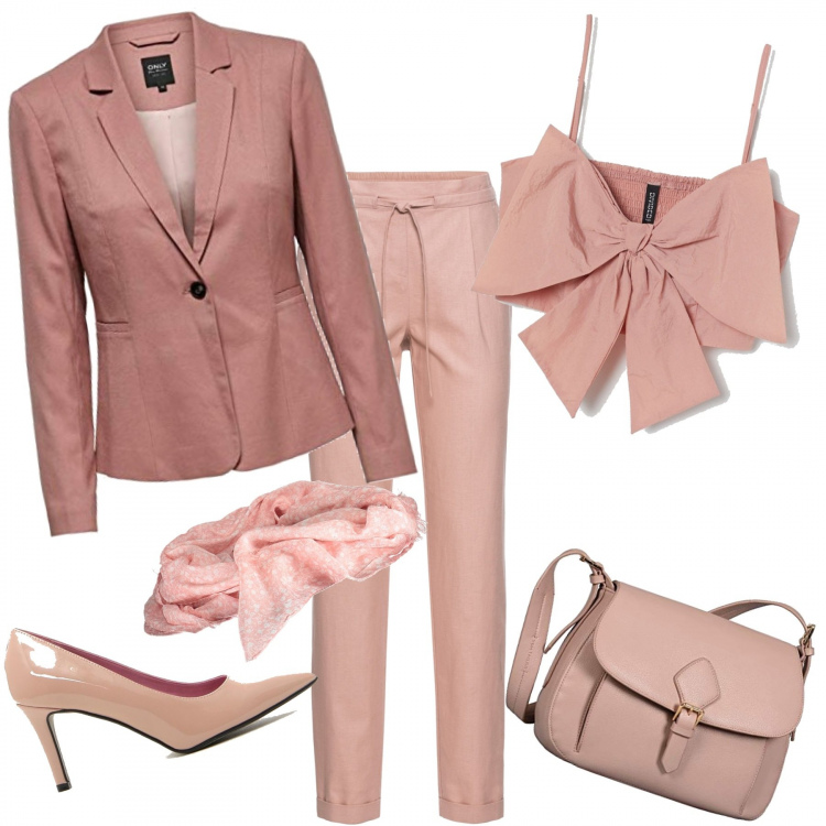 Outfit donna - Il top romantico... tono su tono. Stile Chic per Tutti i giorni. Abbinamento con pantaloni, blazer, top, borse a spalla, décolleté, sciarpe.