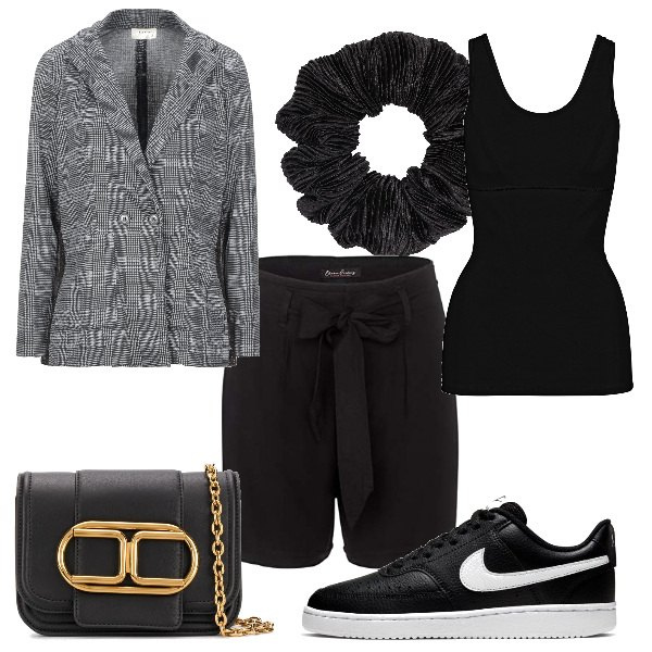 Outfit donna - Trendy #19529. Stile Trendy per Tutti i giorni. Abbinamento con top, blazer, borse a spalla, shorts, accessori per capelli, sneakers.