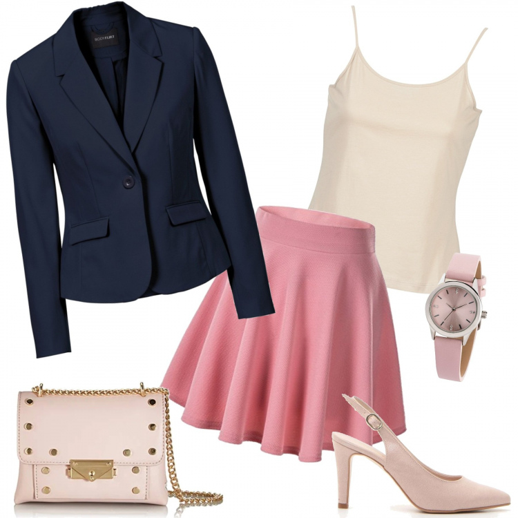 Outfit donna - Stagista. Stile Chic per Ufficio. Abbinamento con blazer, orologi, top, décolleté, gonne, borse a tracolla.