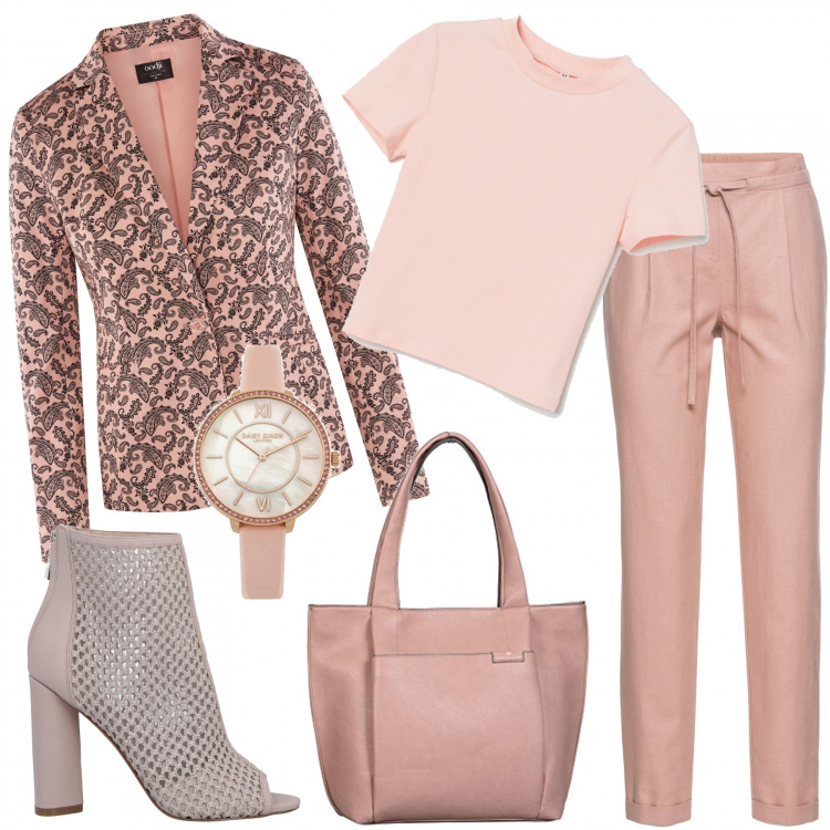 Outfit donna - Voglia di rosa. Stile Trendy per Tutti i giorni. Abbinamento con pantaloni, stivaletti, blazer, top, shopping bag, orologi analogici.