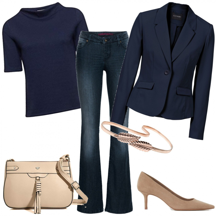 Outfit donna - Blu con accessori neutri. Stile Trendy per Tutti i giorni. Abbinamento con blazer, jeans bootcut, cinture, t-shirt, décolleté, borse a tracolla.