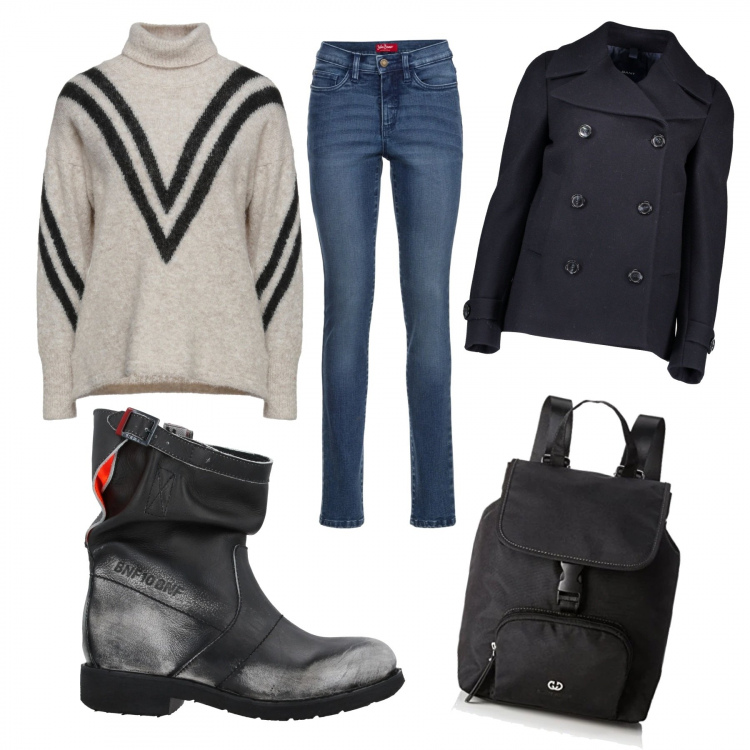 Outfit donna - Una giornata ordinaria!. Stile Basic per Tutti i giorni. Abbinamento con jeans slim fit, stivaletti, pullovers, cappotti, zaini.