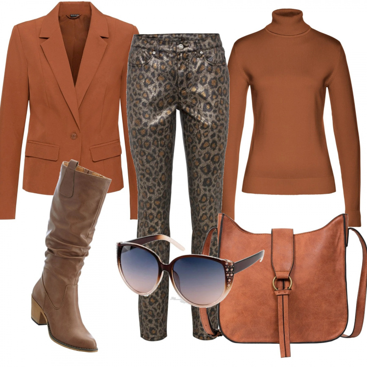 Outfit donna - Total Bonprix. Stile Trendy per Tutti i giorni. Abbinamento con stivali, maglieria, borse a tracolla, jeans, blazer, occhiali da sole.