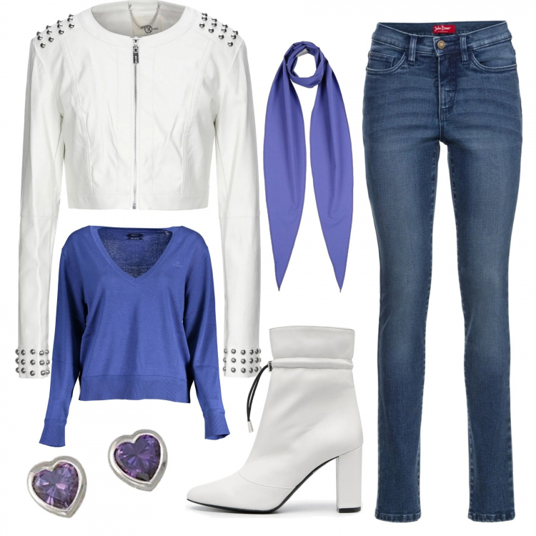 Outfit donna - Il foulard a Primavera!. Stile Trendy per Tutti i giorni. Abbinamento con jeans slim fit, giacche, sciarpe, stivaletti, pullovers, orecchini.