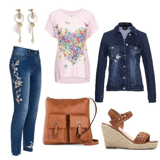 Outfit donna - La primavera è alle porte. Stile Basic per Tutti i giorni. Abbinamento con maglieria, orecchini, jeans, sandali col tacco, giacche, borse a tracolla.
