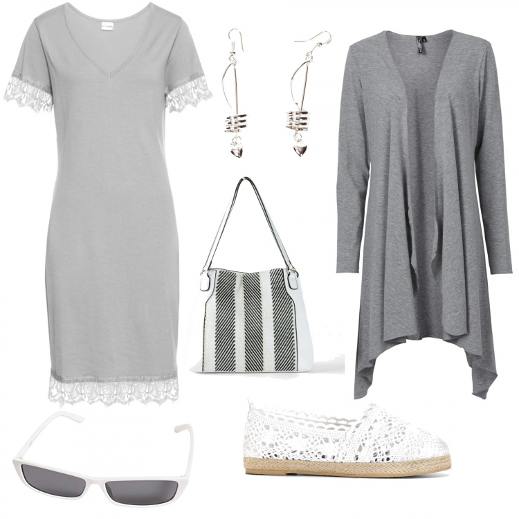 Outfit donna - Boho Chic Perla. Stile Trendy per Tutti i giorni. Abbinamento con cardigans, vestiti, espadrillas, shopping bag, orecchini, occhiali da sole.