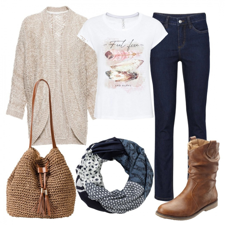 Outfit donna - Bonprix total look. Stile Basic per Tutti i giorni. Abbinamento con t-shirt, jeans, cardigans, stivaletti, foulard, borse a mano.