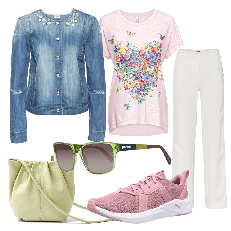 Outfit donna - Un volo di farfalle a primavera. Stile Basic per Tutti i giorni. Abbinamento con maglieria, giacche, pantaloni, borse a tracolla, sneakers, occhiali da sole.