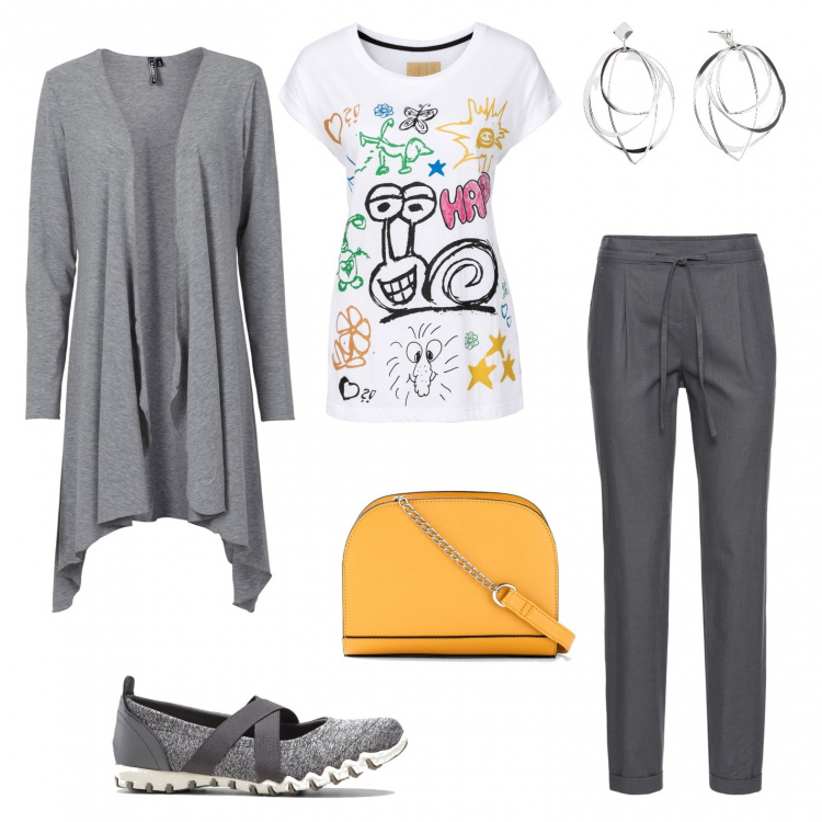 Outfit donna - Basic #11030. Stile Basic per Ufficio. Abbinamento con pantaloni, cardigans, t-shirt, ballerine, borse a tracolla, jeans dritti.