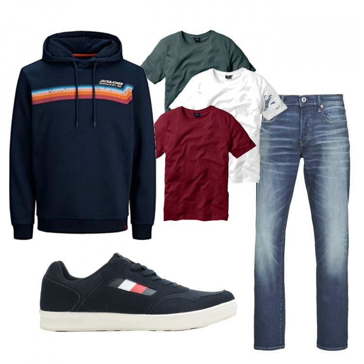 Outfit uomo - Casual #7354. Stile Casual per Tutti i giorni. Abbinamento con t-shirt, sneakers, jeans dritti, felpe con cappuccio.