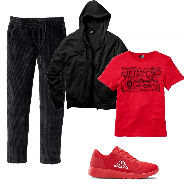 Outfit uomo - Total Look Bonprix. Stile Trendy per Tutti i giorni. Abbinamento con felpe con cappuccio, sneakers, t-shirt, pantaloni.