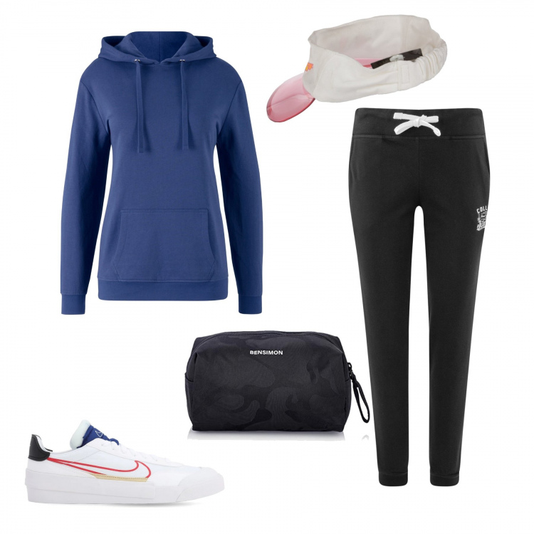 Outfit donna - La felpa con cappuccio. Stile Basic per Sport. Abbinamento con felpe con cappuccio, pantaloni, sneakers, cappelli con visiera, borse sportive.