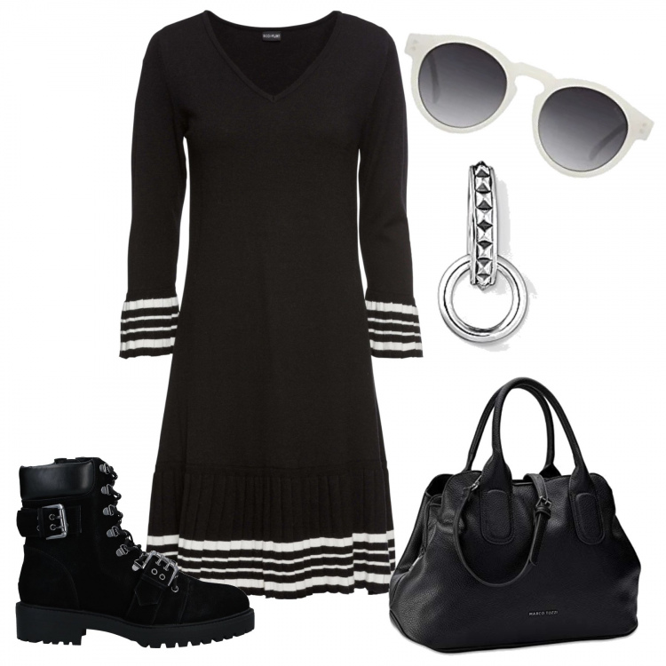 Outfit donna - Focus Donna Curvy. Stile Trendy per Tutti i giorni. Abbinamento con stivaletti, vestiti, borse a mano, ciondoli, occhiali da sole.