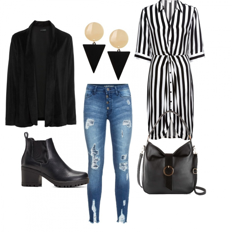 Outfit donna - Bonprix che prix!. Stile Urban per Tutti i giorni. Abbinamento con stivaletti chelsea, vestiti chemisier, blazer, jeans strappati, borse a mano, orecchini.