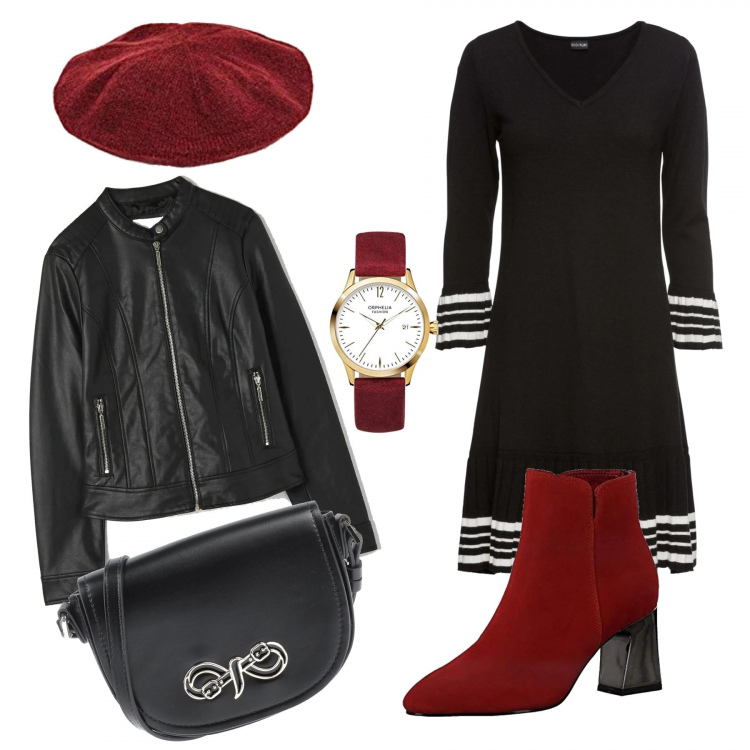 Outfit donna - Destinazione rock. Stile Rock per Serata fuori. Abbinamento con borse a tracolla, vestiti, cappotti, stivaletti, cappelli, orologi.