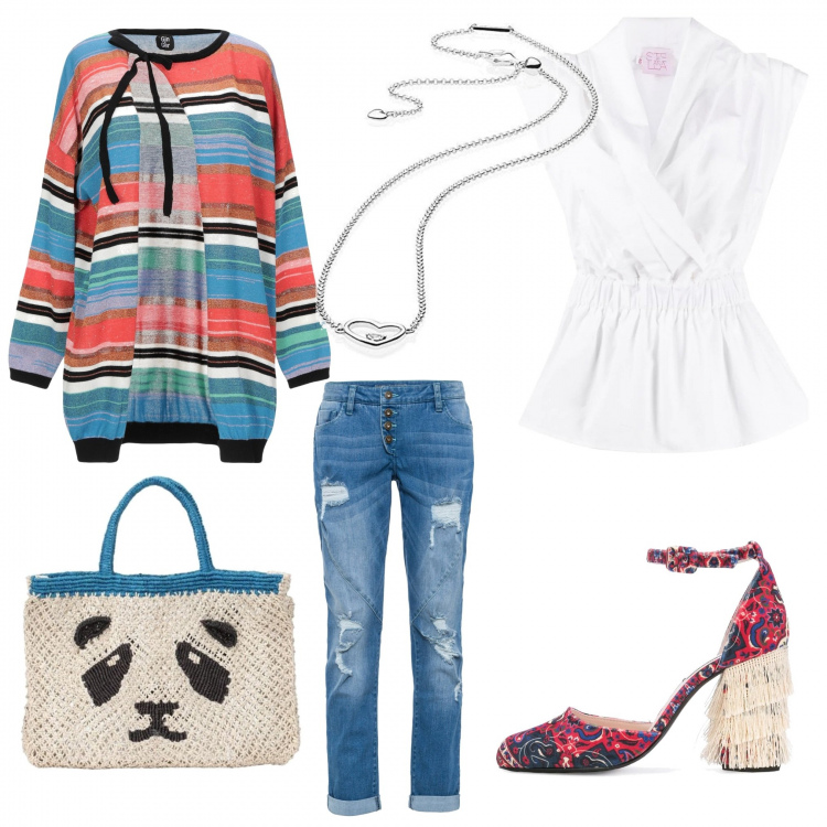 Outfit donna - Primavera con sprint. Stile Basic per Tutti i giorni. Abbinamento con jeans boyfriend, cardigans, borse a mano, camicie, décolleté, ciondoli.