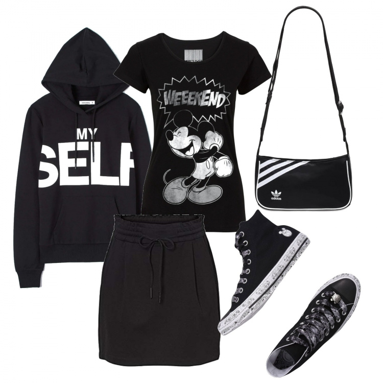 Outfit donna - Partitina a tennis. Stile Urban per Sport. Abbinamento con t-shirt, sneakers alte, felpe con cappuccio, minigonne, borse sportive.