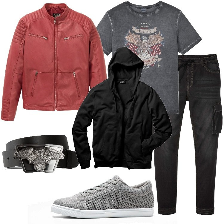 Outfit uomo - Bonprix total look. Stile Biker Rock per Tutti i giorni. Abbinamento con felpe con cappuccio, giacche, jeans slim fit, t-shirt, sneakers, cinture.