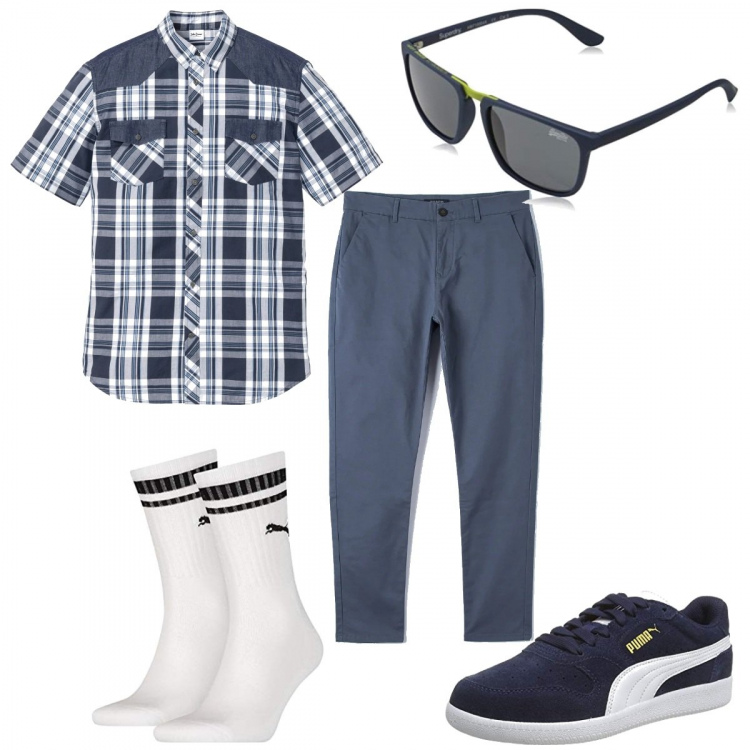 Outfit uomo - Low cost ogni giorno. Stile Casual per Tutti i giorni. Abbinamento con camicie a manica corta, pantaloni skinny, sneakers, occhiali da sole, calzini.