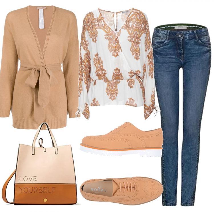 Outfit donna - Trendy #19876. Stile Trendy per Ufficio. Abbinamento con scarpe stringate, bluse, cardigans, borse a mano, jeans slim fit.