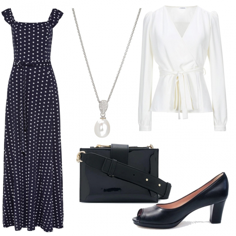 Outfit donna - La madrina di battesimo. Stile Chic per Cerimonia. look ideale per Tall. Abbinamento con vestiti lunghi, blazer, décolleté, borse a tracolla, collane.
