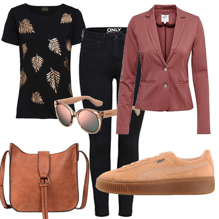Outfit donna - Passeggiata per negozi. Stile Basic per Tutti i giorni. Abbinamento con borse a tracolla, maglieria, sneakers, blazer, jeans skinny, occhiali da sole.