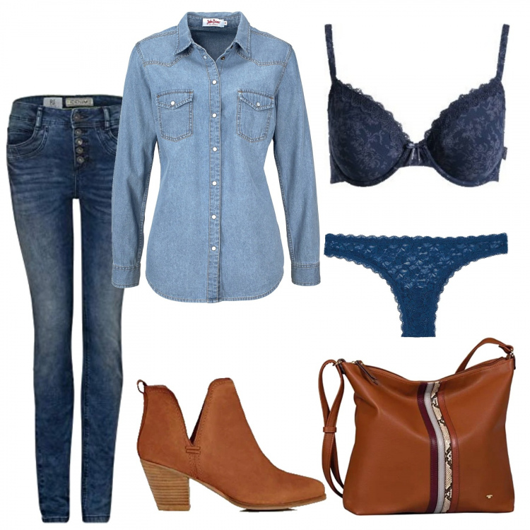 Outfit donna - Curvy Jeans slim fit camicia e pizzo. Stile Trendy per Tutti i giorni. Abbinamento con camicie, slip, stivali e stivaletti, borse a spalla, jeans slim fit, reggiseni.