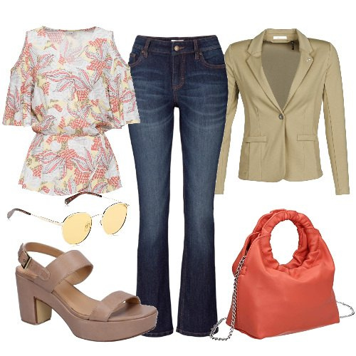 Outfit donna - Fresche note primaverili. Stile Trendy per Tutti i giorni. Abbinamento con jeans bootcut, tuniche, sandali, blazer, pochette, occhiali da sole.