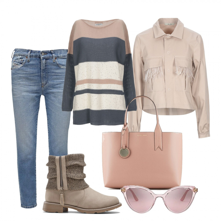 Outfit donna - Arriva la primavera. Stile Trendy per Scuola/Università. Abbinamento con stivaletti, pullovers, cappotti, occhiali da sole, shopping bag, jeans slim fit.